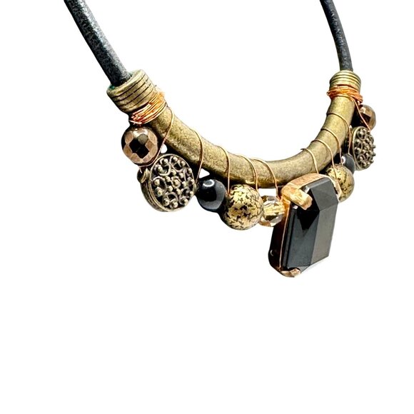 Chico's Necklace Jewlery Statement 22" Vintage Brass Tone Black Stone Corded - Picture 10 of 11